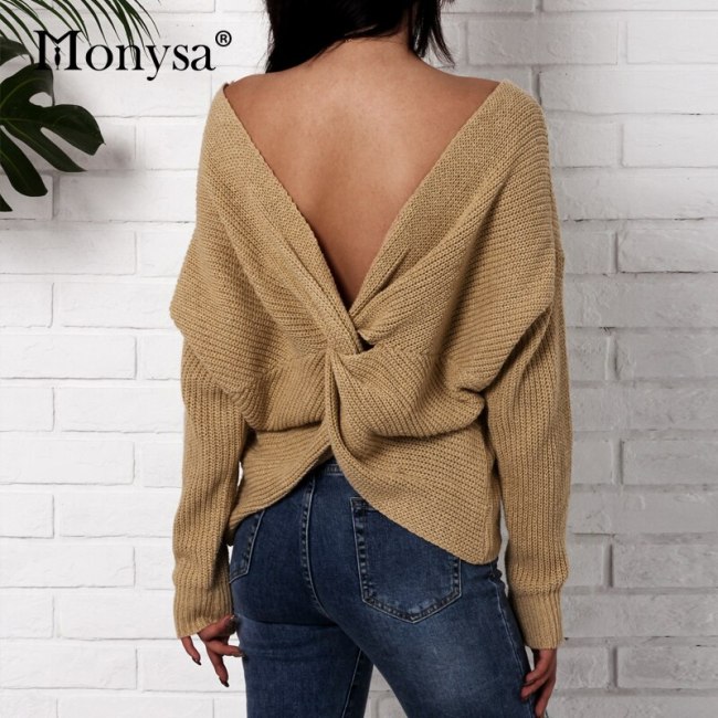 Sexy Criss Cross Backless Knitted Sweater Women 2018 Autumn Winter Fashion Long Sleeve Loose Pullovers Oversized Sweater Khaki