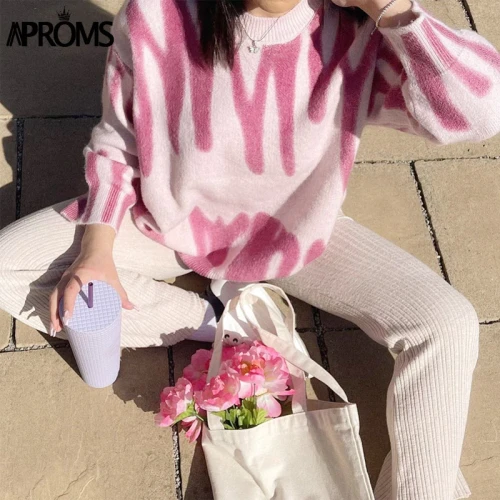 Elegant Korean Fashion Rose Stripe Print Long Sweater Women 2021 Winter Streetwear Pink Knitted Pullovers Loose Outerwear