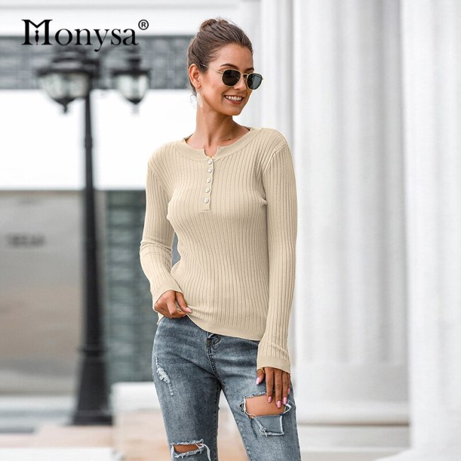 Knitted Pullovers Women 2019 Autumn Winter Clothes Fashion Buttons Long Sleeve Knit Sweaters Women Yellow White Black Pink Blue