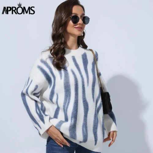 Korea Fashion Stripes Print Oversized Pullovers Women 2021 Winter Long Sweaters Warm Jumper Plus Size Outerwear