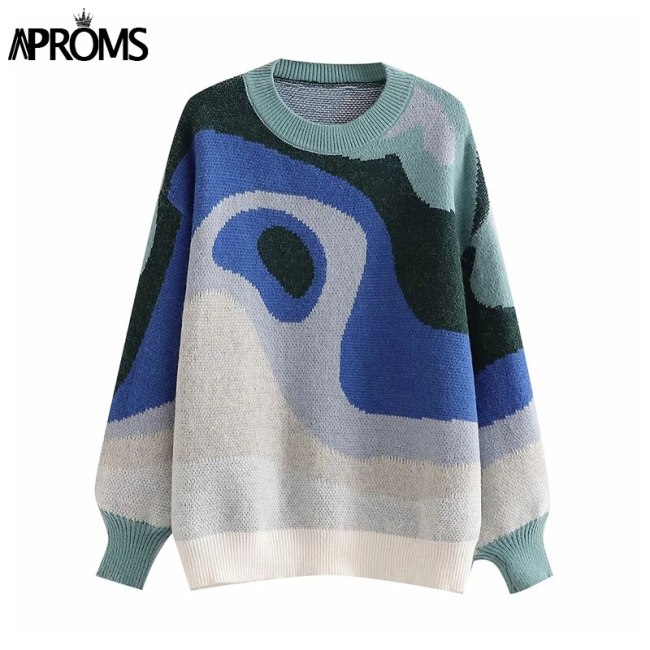 Elegant Luxe Blue White Knitted Women Pullover Autumn Winter Printed Loose Sweater Lady Long Sleeve Soft Jumpers Pull Top