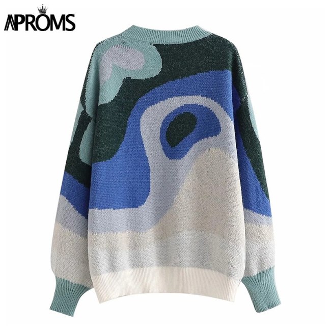 Elegant Luxe Blue White Knitted Women Pullover Autumn Winter Printed Loose Sweater Lady Long Sleeve Soft Jumpers Pull Top