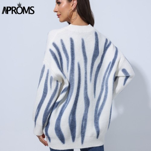 Korea Fashion Stripes Print Oversized Pullovers Women 2021 Winter Long Sweaters Warm Jumper Plus Size Outerwear