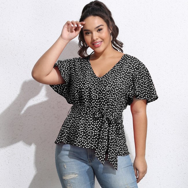 Big size Woman T-shirt Casual snow dot printed tshirts Bow belt female Fat MM plus size women clothing large size tops
