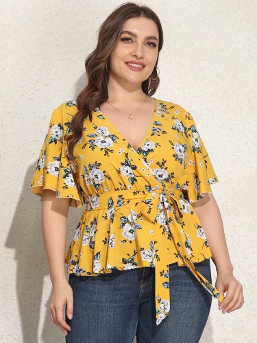 2021 Summer Women Casual Blouse Plus Size 4XL Female V Neck Short Sleeve Floral Print Blouse Shirt Belted Big Size Ladies Tops