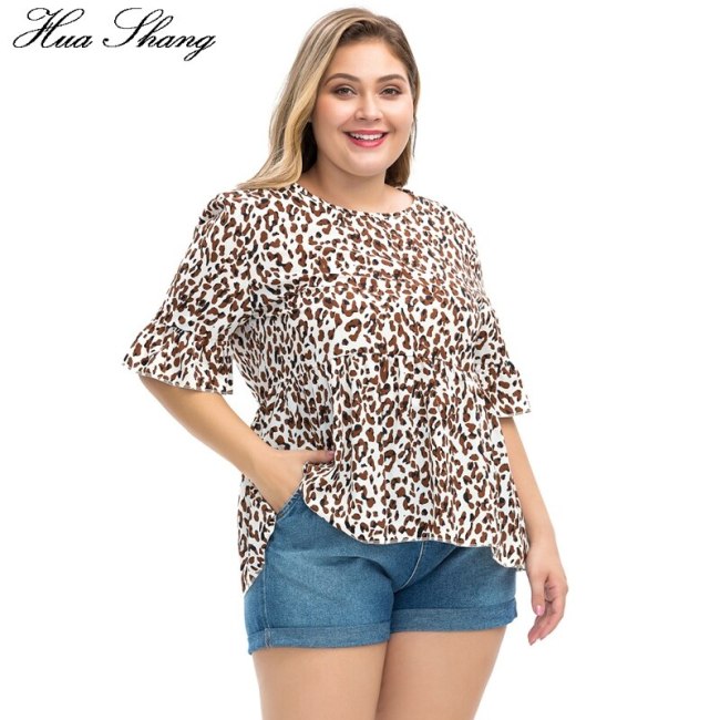 6XL Plus Size Blouse Women Summer O Neck Ruffles Half Sleeve Leopard Print Casual Blouse Shirt Big Size Ladies Tunic Tops