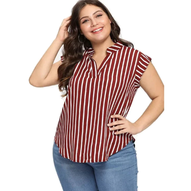 Plus Size Blouse Shirt Women Summer Stand V Neck Short Sleeve Striped Print Casual Blouse Big Size Ladies Tunic Tops