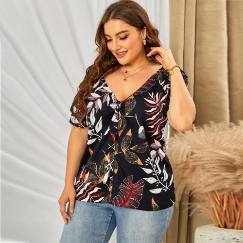 4XL 5XL Plus Size Blouse Woman 2021 Summer V Neck Short Sleeve Leaves Print Casual Blouse Loose Big Size Ladies Tunic Tops
