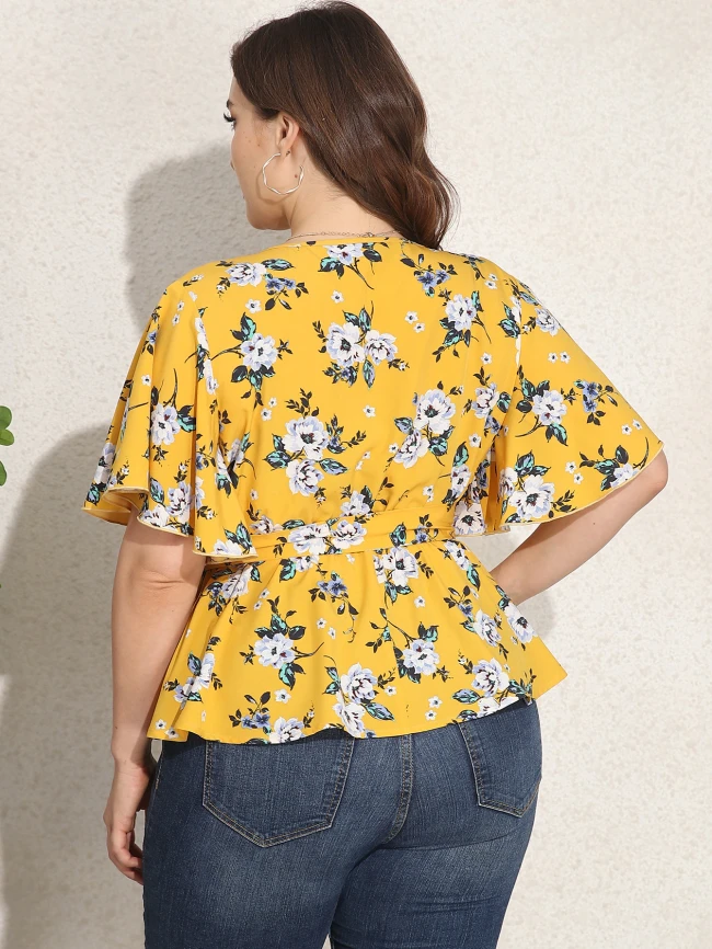 2021 Summer Women Casual Blouse Plus Size 4XL Female V Neck Short Sleeve Floral Print Blouse Shirt Belted Big Size Ladies Tops