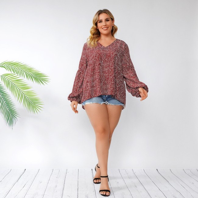 Summer Blouse Women V Neck Long Sleeve Dot Print Casual Blouse Plus Size Loose Big Size Ladies Tops