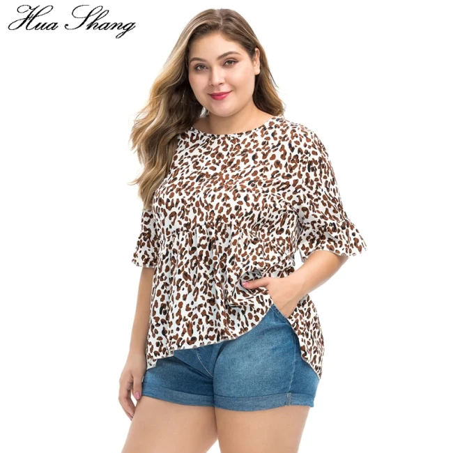 6XL Plus Size Blouse Women Summer O Neck Ruffles Half Sleeve Leopard Print Casual Blouse Shirt Big Size Ladies Tunic Tops