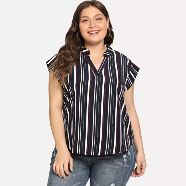 Plus Size Blouse Shirt Women Summer Stand V Neck Short Sleeve Striped Print Casual Blouse Big Size Ladies Tunic Tops