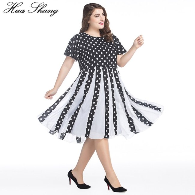 1950s Retro Vintage Dress Women Summer Short Sleeve Dot Print High Waist Big Swing Midi Party Dress 6XL 7XL Plus Size Robe Femme