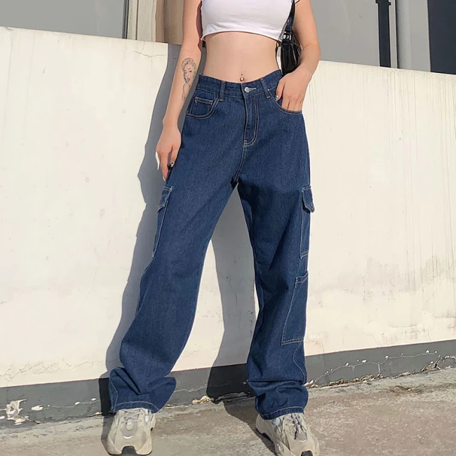 Weekeep Fashion Streetwear Women Jeans Pocket High Waist Jeans Korean Casual Straight Harajuku Denim Pants Baggy y2k Cargo Pants