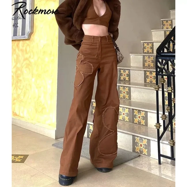 Rockmore Brown Vintage Baggy Jeans Women 90s Streetwear Pockets Wide Leg Cargo Pants Y2K Low Waist Straight Denim Trousers 2021