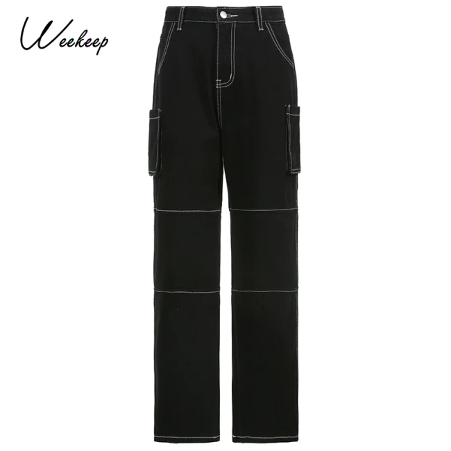 Weekeep Pockets Patchwork Baggy Jeans Fashion Streetwear 100% Cotton Women Denim Trouser Loose Cargo Pants Korean Jeans Harajuku
