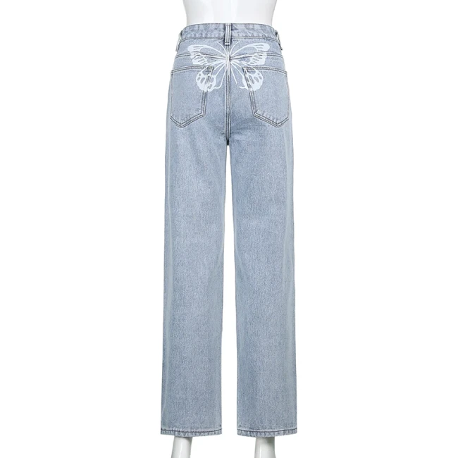 Sweetown Gradient E Girl Baggy Mom Jeans Women Vintage Print Wide Leg Denim Trousers 90s Aesthetic Korean Low Waist Cargo Pants