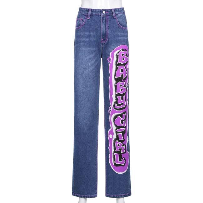 Sweetown Gradient E Girl Baggy Mom Jeans Women Vintage Print Wide Leg Denim Trousers 90s Aesthetic Korean Low Waist Cargo Pants