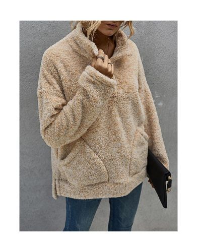 Winter New Plush Warm Pullover Sweatshirt Single Breasted Standing Collar Pockets Split Women Coat
