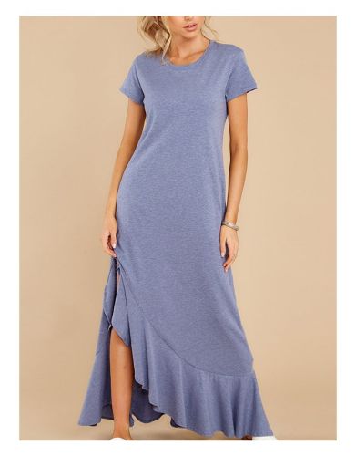 Women Plus Size Short Sleeve Round Neck Irregular Ruffled Maxi Split Loose Casual Summer Dress