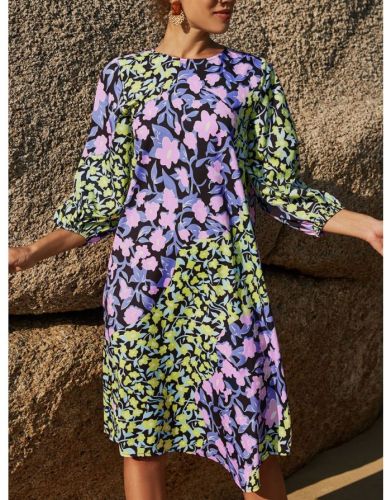 Women Loose Long Sleeve Round Neck Floral Printed Stitching Color Casual Midi Dress