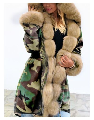 Winter New Faux Fur Plush Warm Thick Medium Long Padded Coat Women Camo Drawstring Overcoat