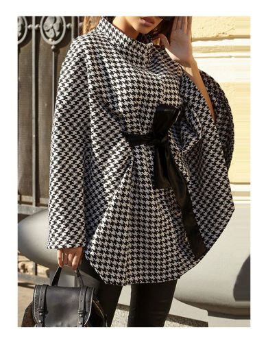 Fall Winter New Women Houndstooth Woolen Coat Half High-neck Belted Loose Cloak Tops