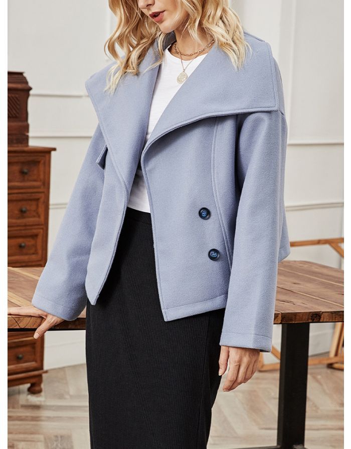 Korean Fall Winter Woolen Coat Women Fashion Large Lapel Single Breasted Short Warm Tops