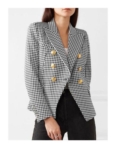 Fall Winter New Women Houndstooth Blazer Fashion Double Breasted Lapel Long Sleeve Short Coat