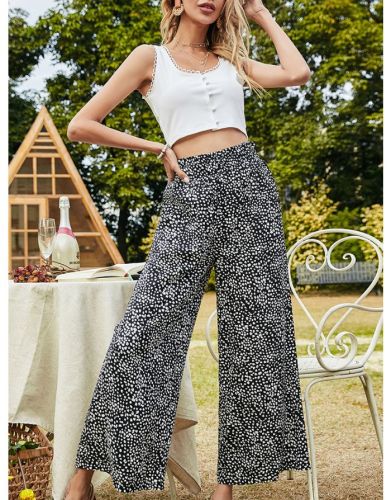 Spring Summer Printed High Waisted Wide Leg Loose Casual Trousers Pants
