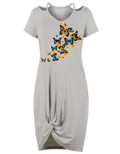 Cold Shoulder Short Sleeve V-Neck Butterflies Printed Irregular Short Casual Summer Dress
