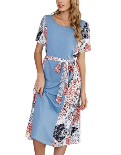 Spring Summer Women Stitching Color Printed Short Sleeve Round Neck Loose Casual Long Dresses