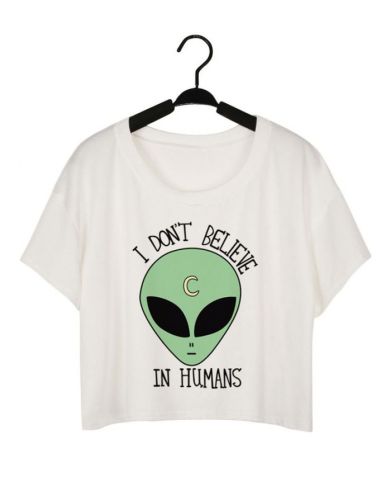 Summer White 3D Aliens Letter Printed Short Sleeve Loose Cropped T-shirt