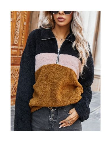 Winter Women New Tops Fashion Stitching Color Zipper Lapel Long Sleeve Plush Sweatshirt