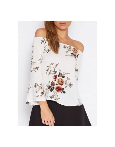 Bell Sleeve Flowers Printed Off The Shoulder Loose Plus Size T-shirt