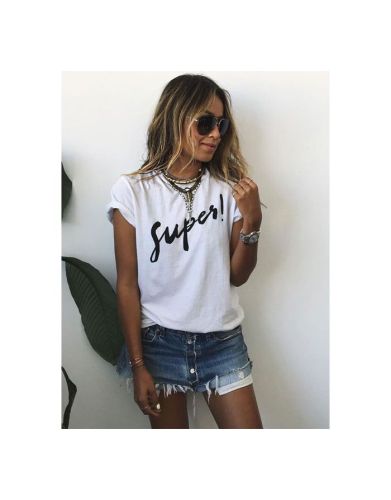 Summer White Short Sleeve Letters Printed Casual Cotton T-shirt
