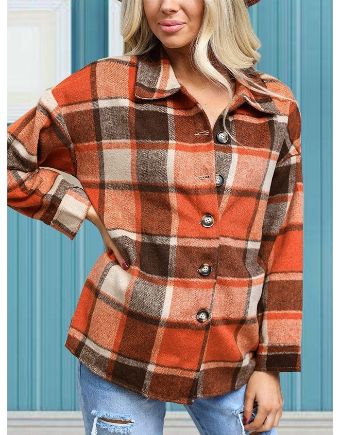 Fall Winter New Thick Plaid Shirt Lapel Long Sleeve Single Breasted Women Tops Coat