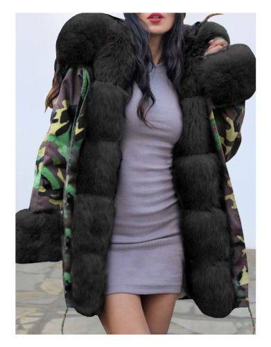 Winter New Faux Fur Plush Warm Thick Medium Long Padded Coat Women Camo Drawstring Overcoat