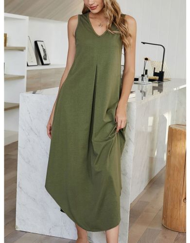 Summer Dress Women Sleeveless V-Neck Solid Color Vest Dress Irregular Loose Casual Long Dresses