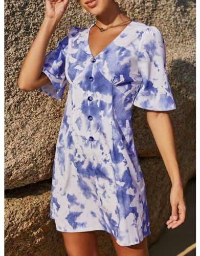 Summer Dress V-Neck Short Sleeve Tie Dye Single Breasted Casual Short Dresses