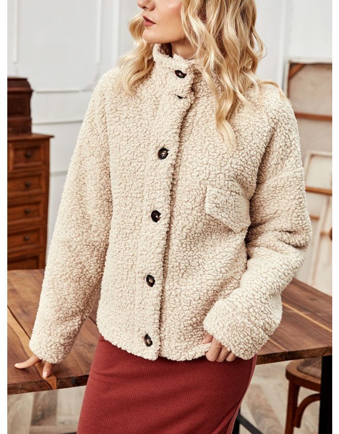 Winter New Long Sleeve korean Loose Single Breasted Faux Lamb Wool Warm Short Coat