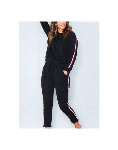 Striped Round Neck Long Sleeve Drawstring Sports Casual Two Piece Set