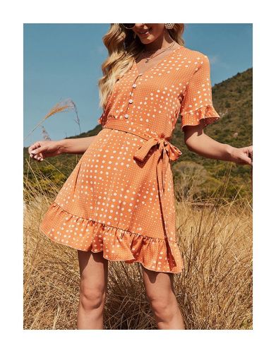 Summer Dress Ruffled Short Sleeve V-Neck Single Breasted Polka Dot Printed Stitching Belted Casual A-Line Dresses
