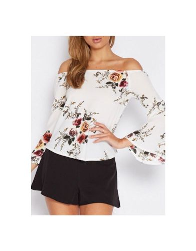 Bell Sleeve Flowers Printed Off The Shoulder Loose Plus Size T-shirt