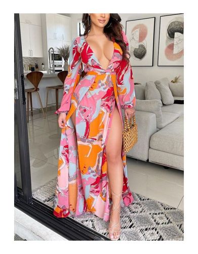 Women Long Sleeve Deep V-Neck Multi-color Printed Belted Maxi Split Casual Holiday Dress