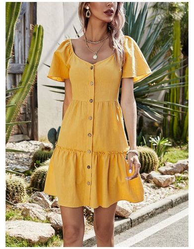 Summer Dress Solid Color V-Neck Short Sleeve Single Breasted Flounced Hem Short A-Line Dresses