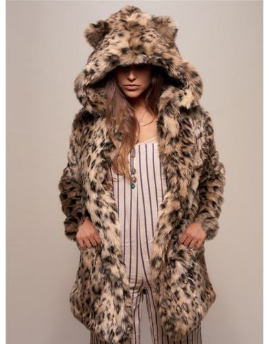 Faux Fur Coat Winter New Cute Hooded Leopard Print Medium Long Warm Fur Coat