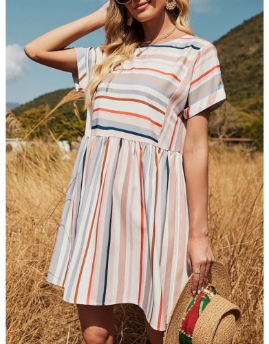 Summer Dress Loose Short Sleeve Round Neck Multicolor Striped Casual A-Line Dresses