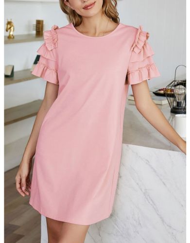 Summer Dress Women Solid Color Round Neck Ruffled Short Sleeve Casual Short A-Line Dresses