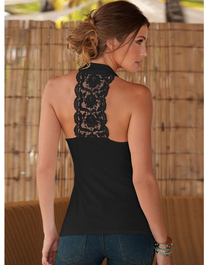 Sexy V-neck Sleeveless Open Back Lace Stitching Cotton Halter Vest T-shirt